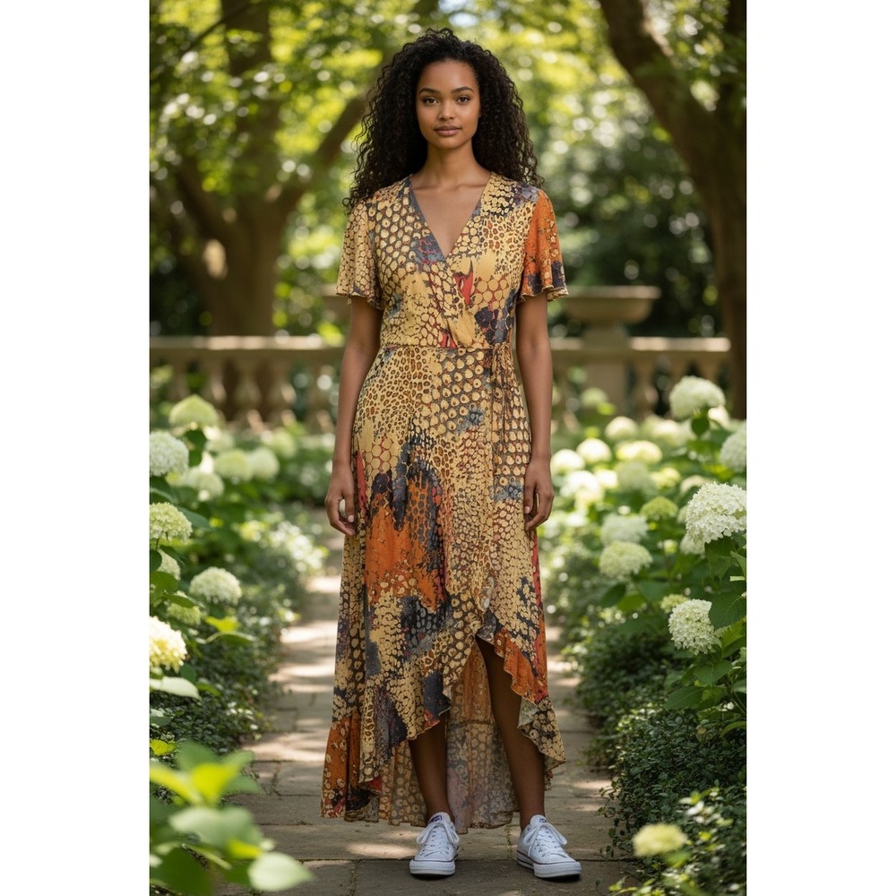 Lascana Venus Wrap Hi Low Dress M Animal Print Flutter Sleeve Boho Resort